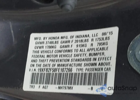 2015 Honda Civic Lx from USA, damaged, VIN 19XFB2F58FE107266